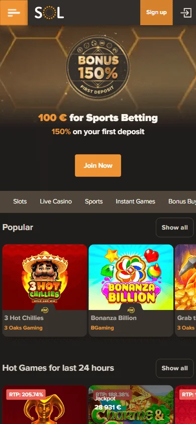 Sol Casino home interface on a mobile device