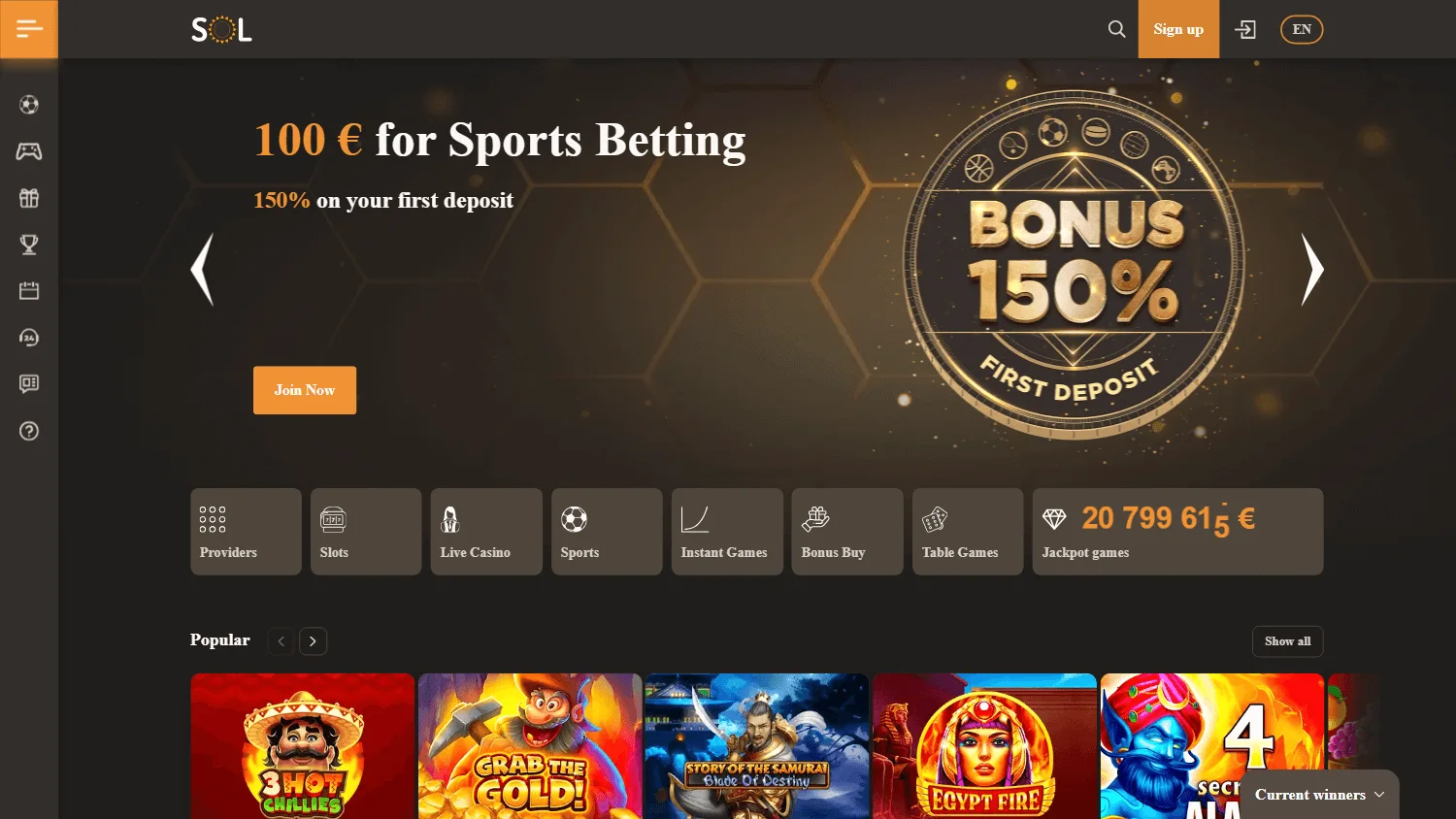Sol Casino home interface on a desktop computer